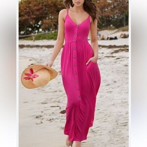 VENUS Hot Pink Maxi Dress XS Button Front Sleeveless Summer Vacation Resort